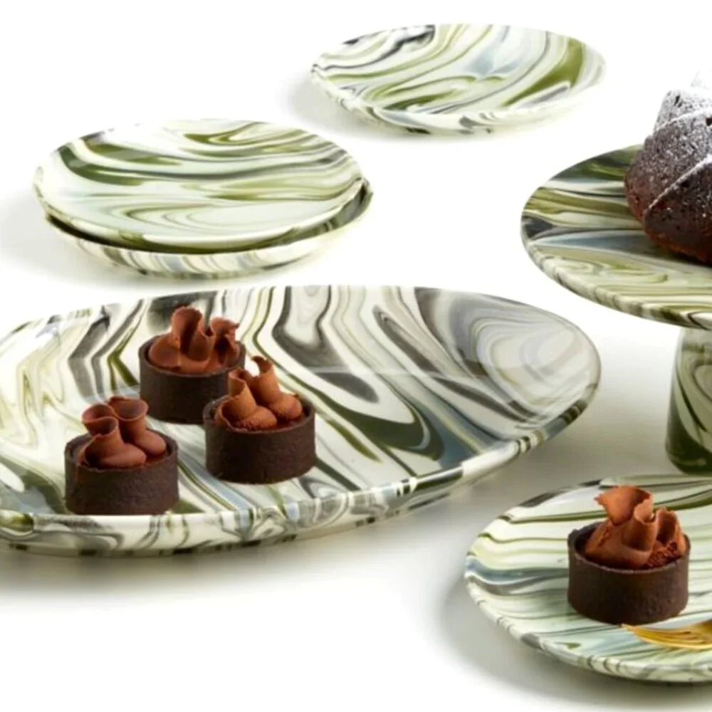 “Simone” marbleized 8” plates, set of FOUR, from Crate & Barrel.